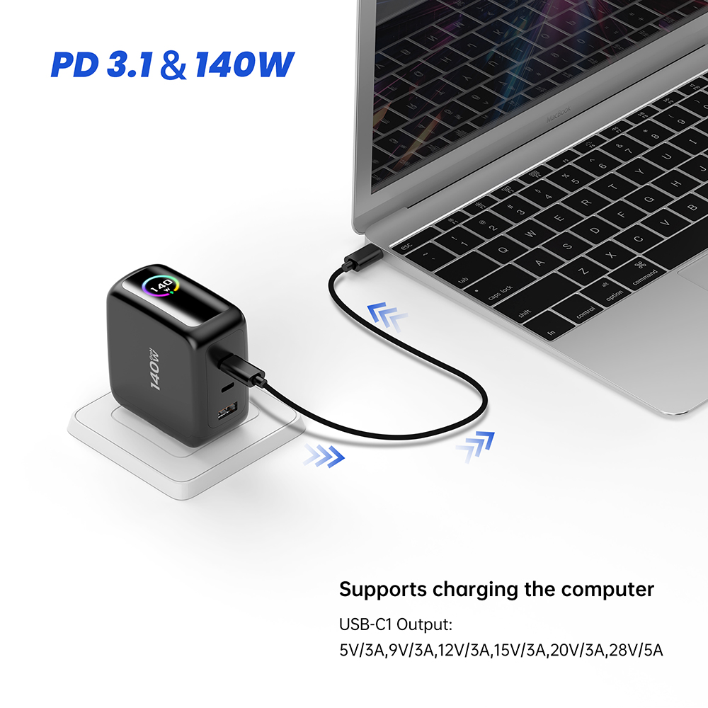 3 port charger 140W 2C1A PD3.1 Display Dual USB C Wall 3 Port charger Manufacturer Supplier