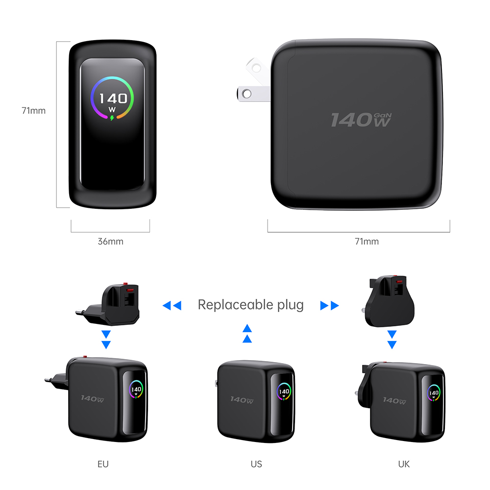 3 port charger 140W 2C1A PD3.1 Display Dual USB C Wall 3 Port charger Manufacturer Supplier
